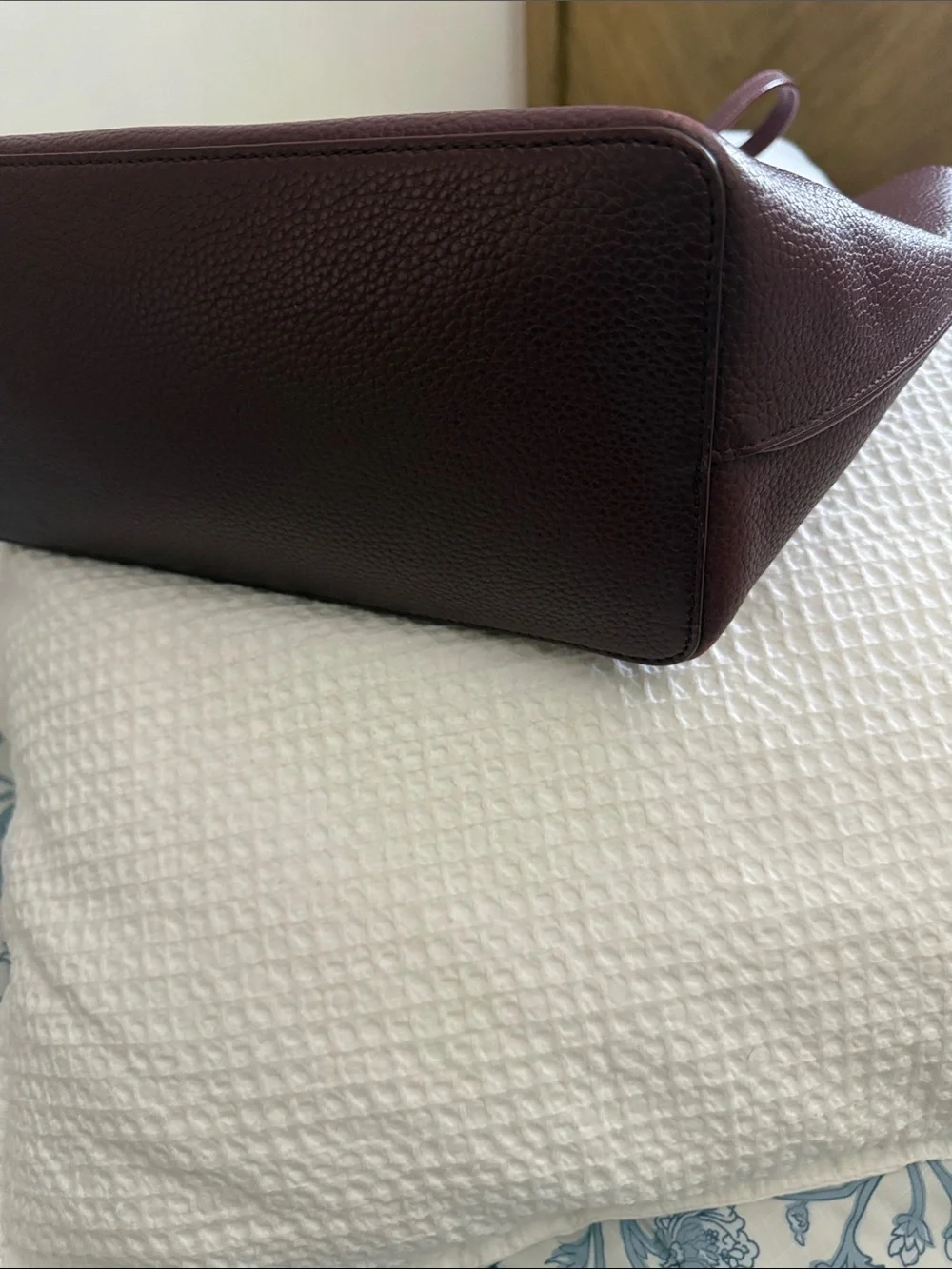 Tory Burch Perry Burgundy Pebbled Leather Tote with Gold Logo